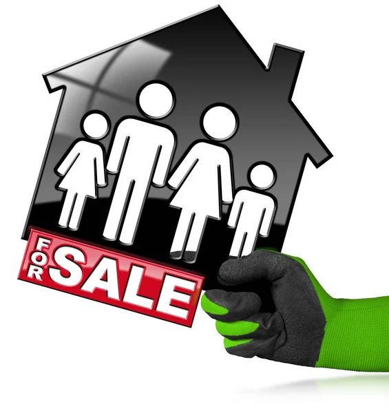 Till salu - modell hus med en familj — Stockfoto