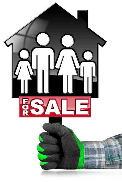 Te koop - Model huis met een familie — Stockfoto