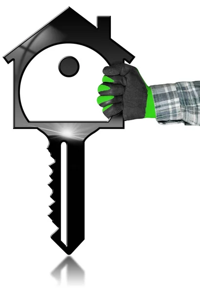 Huis Model met sleutel in een gehandschoende Hand — Stockfoto