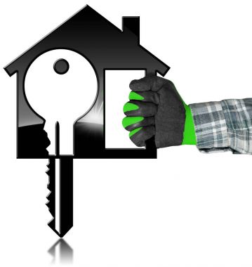 Ev modeli ile anahtar eldivenli elini içinde