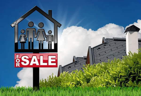 Te koop - Model huis met een familie — Stockfoto