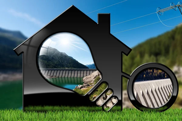 House with Light Bulb and Hydroelectric Power — Stock Photo, Image