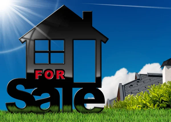 Huis symbool voor verkoop op een grasveld met daken — Stockfoto