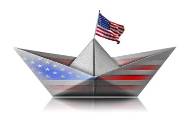 Amerika Birleşik Devletleri bayrağını taşıyan kağıt tekne beyaz arka planda izole edilmiş.