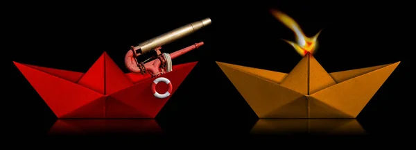 Fire fighting boat with water cannon and burning boat - Black background — 图库照片