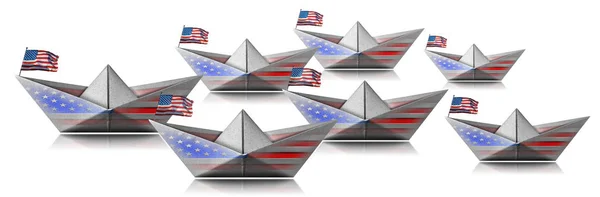 Fleet of ships with the USA flags isolated on white - Paper boats — Stock Photo, Image