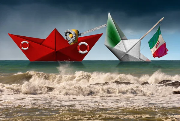 Parti Őrség megmenti hajó olasz zászló - Mentési koncepció — Stock Fotó