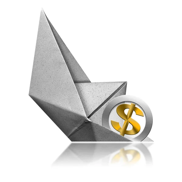 Znak dolara tonący na pokładzie papierowej łodzi - Koncepcja recesji — Zdjęcie stockowe