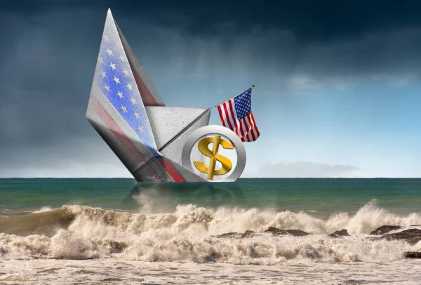 경기후퇴라는 종이 보트 위에 가라앉고 있는 미국 달러 상징 — 스톡 사진