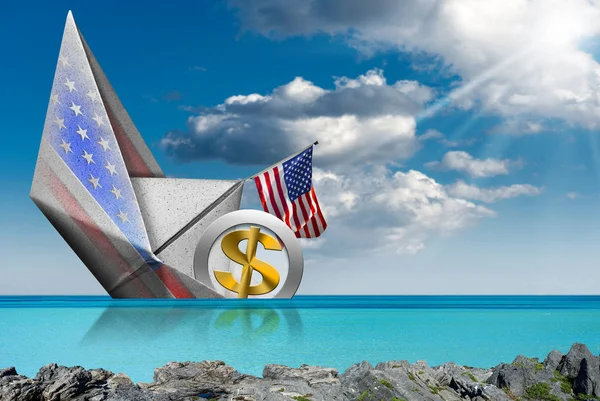 Nas Dolar symbol tonący na pokładzie papierowej łodzi - Koncepcja recesji — Zdjęcie stockowe