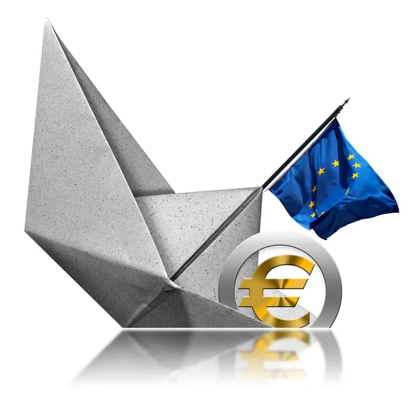 Símbolo da moeda euro afundando a bordo de um barco de papel - Conceito de recessão — Fotografia de Stock