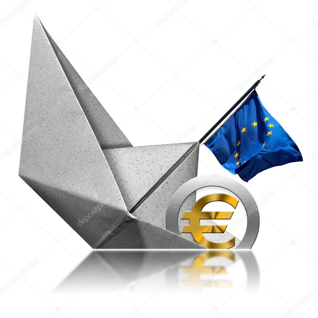Euro currency symbol sinking aboard of a paper boat - Recession concept 