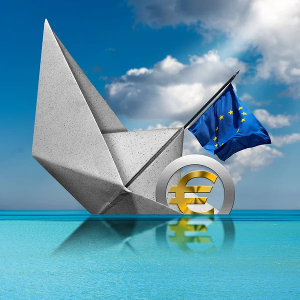 Eurovaluta szimbólum süllyedő fedélzetén egy papírhajó - recesszió koncepció — Stock Fotó