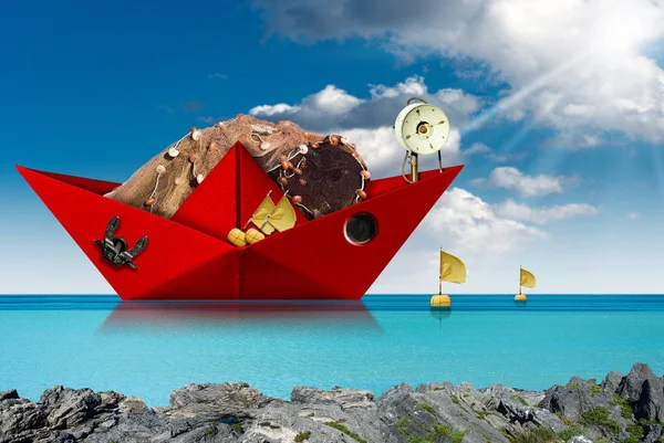 Rode papieren vissersboot met visnetten in de turquoise zee — Stockfoto