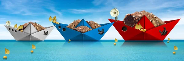 Barcos de pesca de papel com redes de pesca no mar azul-turquesa — Fotografia de Stock
