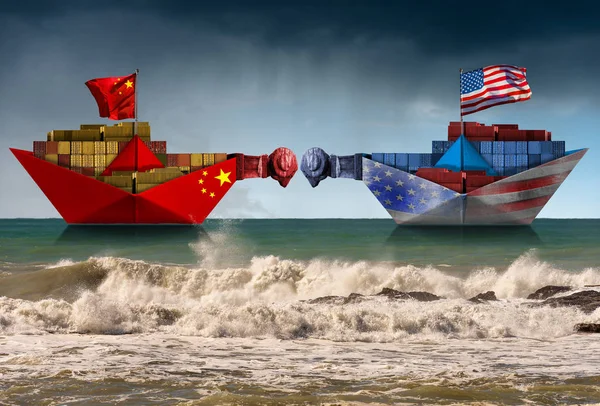 USA and China trade war - Two cargo container ships with battering ram