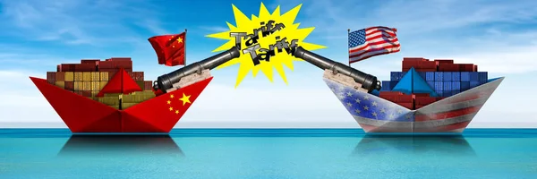 Уса і Китай ведуть торгівельну війну - два вантажних контейнерних судна з гарматами — стокове фото