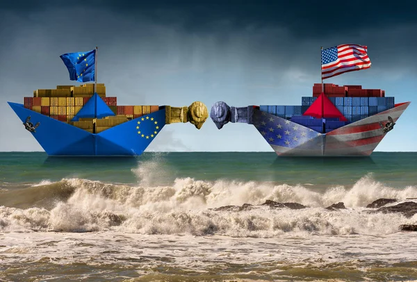 Guerra comercial entre Estados Unidos y la Unión Europea - Dos portacontenedores de carga con ariete — Foto de Stock