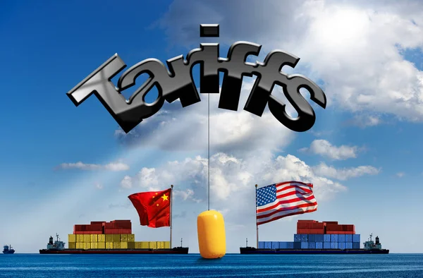 Guerra comercial entre os EUA e a China - Tarifas aduaneiras no mar com navios porta-contentores — Fotografia de Stock