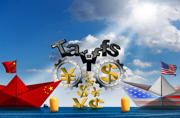Уса і Китай торгують війною - митні тарифи з двома паперовими човнами. — стокове фото
