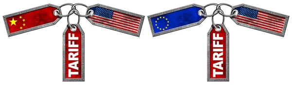 EUA China e Europa Conceito de guerra comercial da União - Etiquetas de tarifas metálicas — Fotografia de Stock