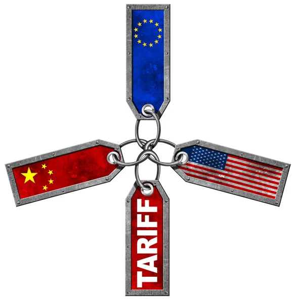 Usa China and Europe Union trade war Concept - Metal Tariff labels — стокове фото