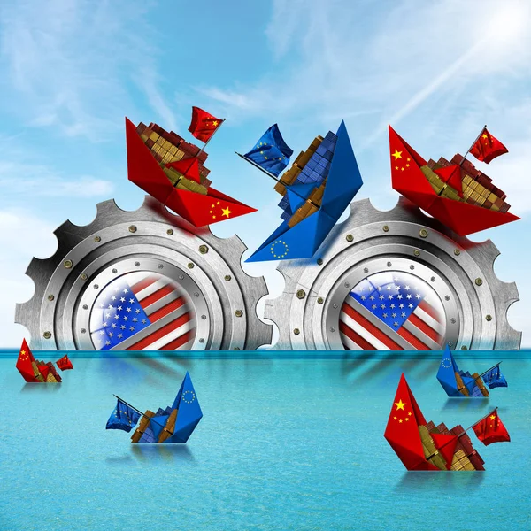 USA Cina ed Europa Concetto di guerra commerciale dell'Unione - Navi da carico e ingranaggi — Foto Stock