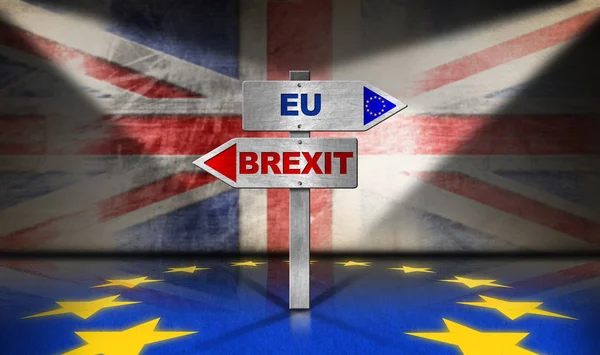 Koncept brexitu - směrové značky a britská a evropská vlajka — Stock fotografie