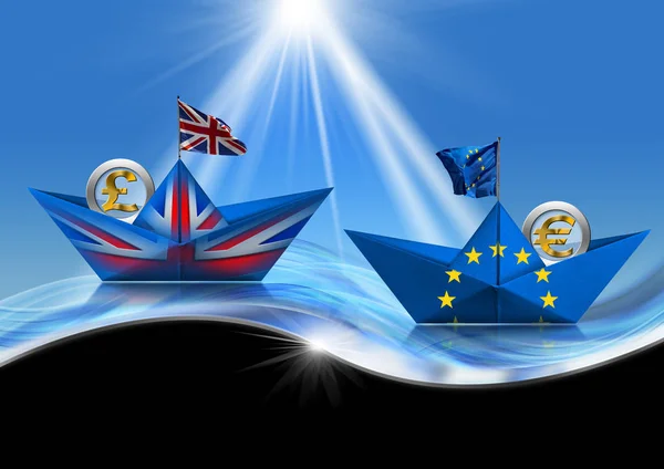 Koncept brexitu - Uk a Eu papírové lodě se symbolem měny — Stock fotografie