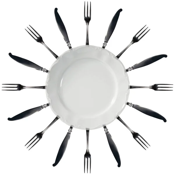 White empty plate with many forks and knives - Isolated — Stock Photo, Image