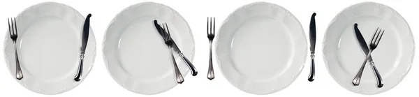 Colección de platos blancos vacíos con tenedor y cuchillo - Aislado —  Fotos de Stock