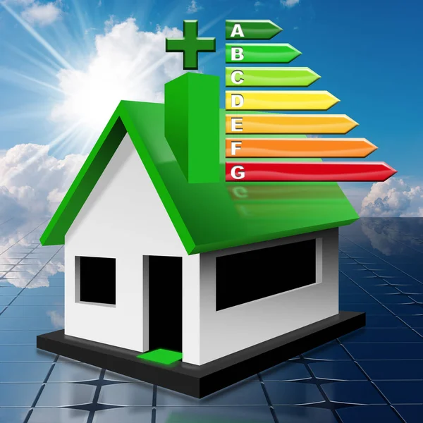 House Energy Efficiency Rating - Edificio residenziale su un pannello solare — Foto Stock