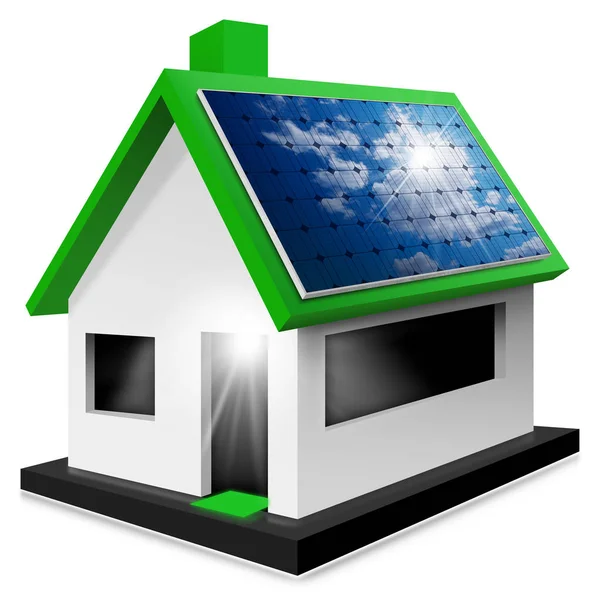 Modell ház napelem a tetőn - elszigetelt fehér Stock Kép