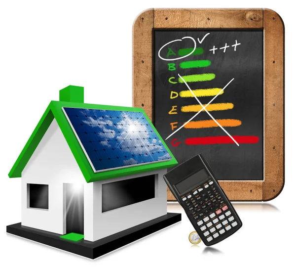 Model House with Solar Panel - Calculator and Energy Efficiency Rating — Stock Photo, Image