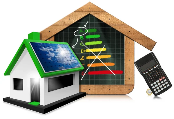 Musterhaus mit Sonnenkollektor - Taschenrechner und Energieeffizienzbewertung — Stockfoto
