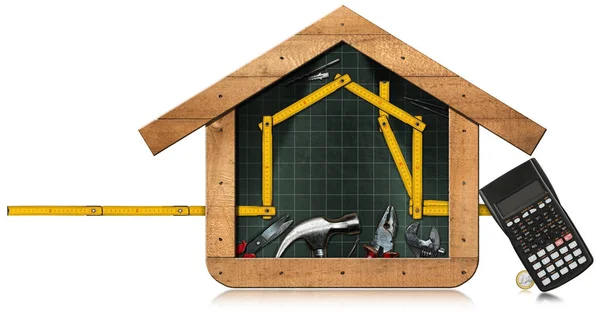 Home improvement - Work tools and model house in a blackboard — 스톡 사진