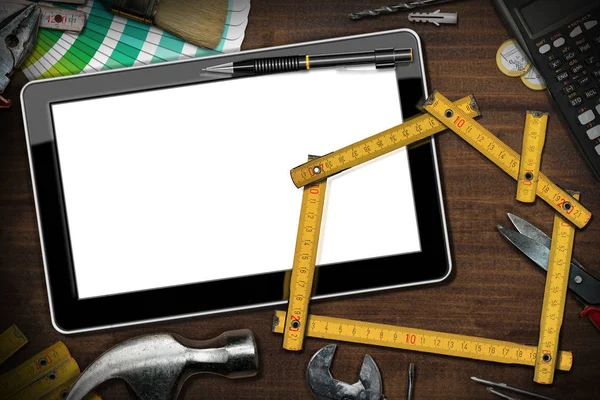 Dijital tablet ve Diy çalışma araçları - Ev Geliştirme Kavramı — Stok fotoğraf