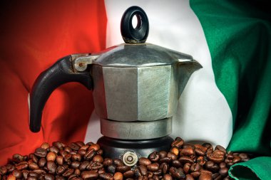 Coffee Maker with Roasted Coffee Beans and Italian flag