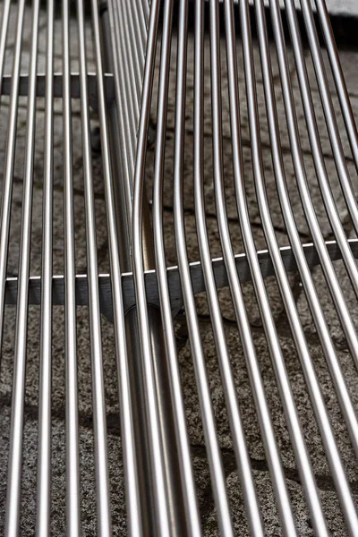 Extreme Close Metal Bars Steel Bench Downtown Bologna City Italy — Stock Photo, Image