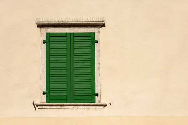 特にハト トレンティーノ イタリア ヨーロッパの住宅ビルを停止するのを防ぐためにスパイク鋼棒付きの閉じた緑の木製のシャッター窓の閉鎖 — ストック写真