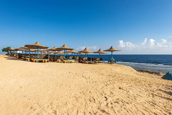 Sandstrand Med Solstolar Och Halmparasoller Röda Havet Nära Marsa Alam — Stockfoto