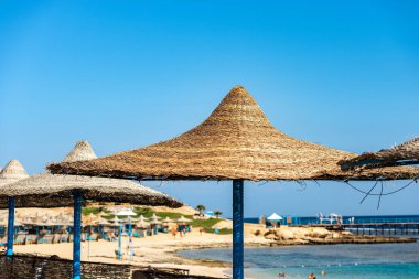Marsa Alam, Mısır, Afrika yakınlarındaki açık mavi gökyüzünde Kızıldeniz sahillerinde saman şemsiyeleri grubu. 