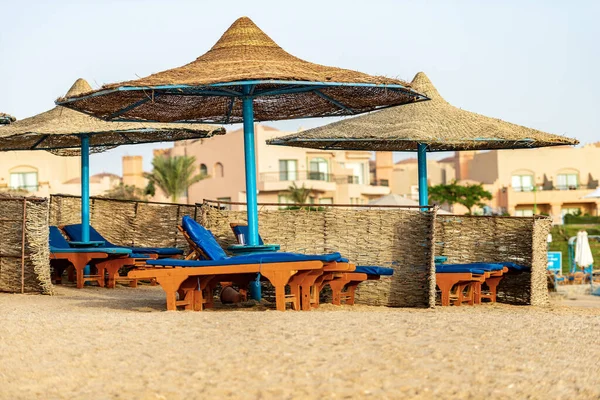 Groep Stroparasols Ligstoelen Een Zandstrand Aan Rode Zee Toeristisch Resort — Stockfoto