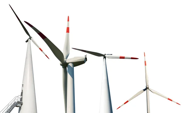 Verzameling Van Vier Witte Rode Windturbines Geïsoleerd Witte Achtergrond Hernieuwbare — Stockfoto