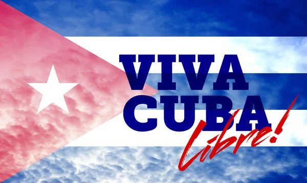 Cuba flag on cloudy sky with inscription Viva Cuba Libre