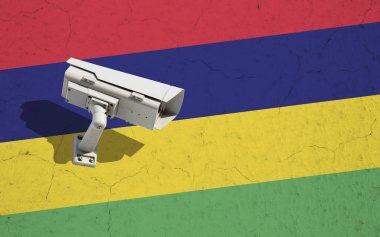 CCTV kamera Mauritius bayrak arka plan üzerinde çatlaklar ile duvara boyalı