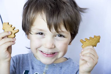 Çocuk Noel ağacı şeklinde zencefilli kurabiye tutar