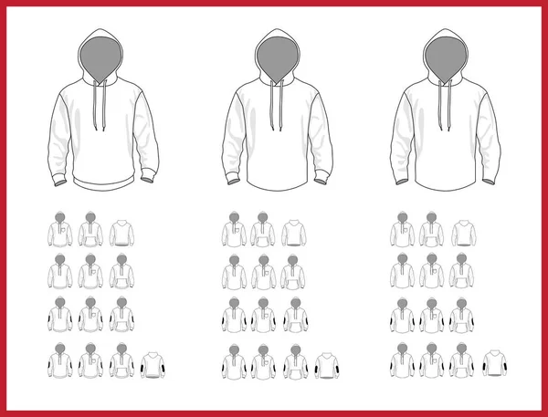 Hooded sweatshirt sjabloon verschillende vector modellen, voor- en achteraanzicht — Stockvector