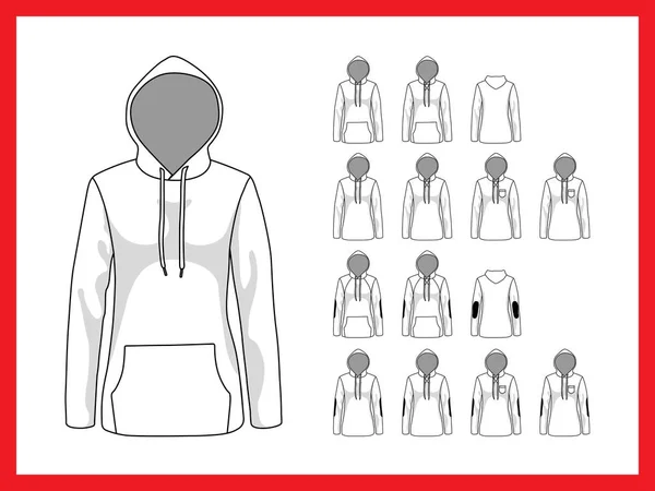 Womens sweatshirt met capuchon, zakken en zonder manchetten op de mouwen — Stockvector