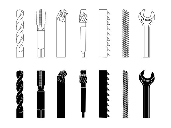 Drill bit screw-cutter milling cutter saw armature wrench vector illustration set